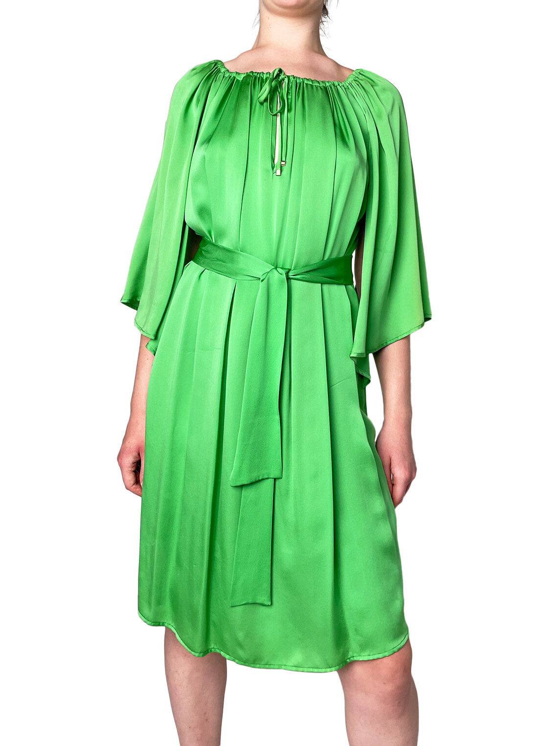 Green Bat Wing Full knee length Silk Dress