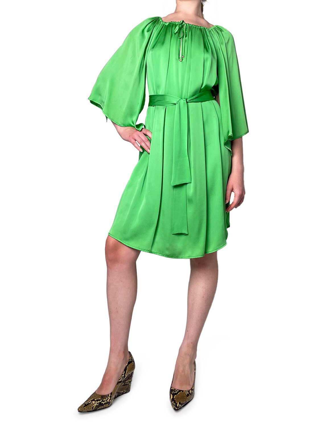 Green Bat Wing Full knee length Silk Dress