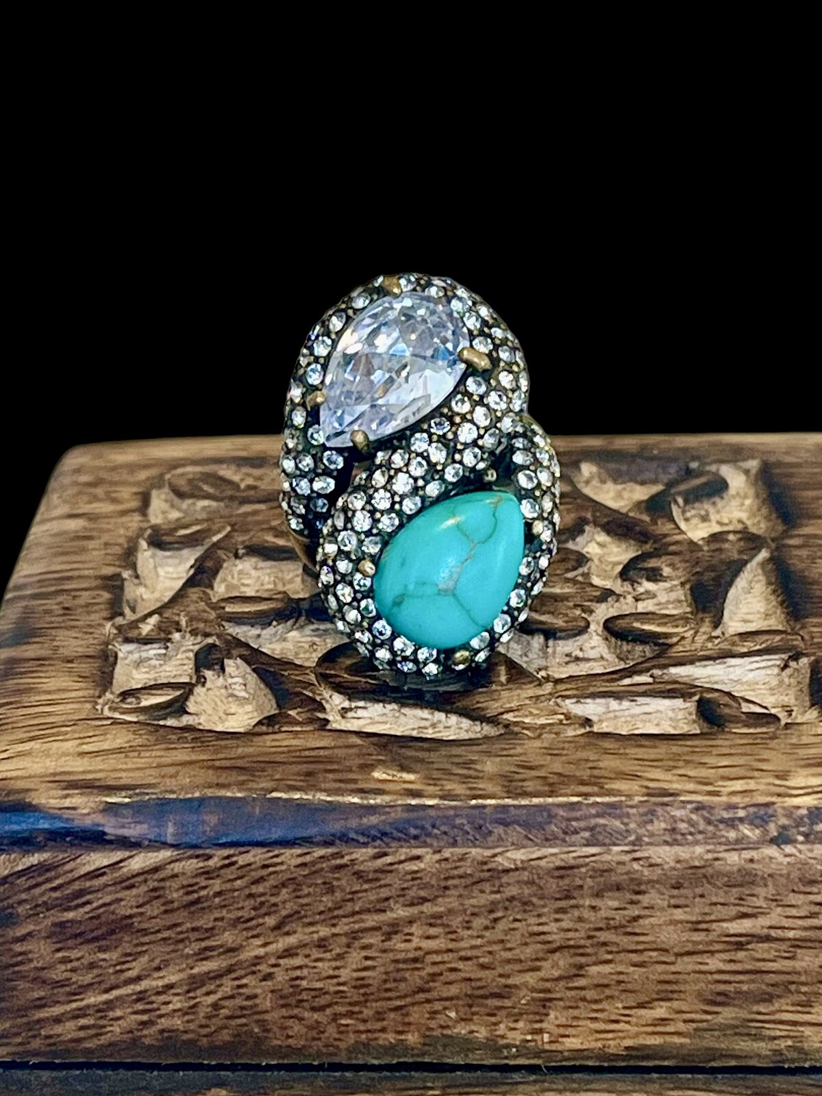 RARE VINTAGE BOHO RING WITH TURQUOISE & CZ SIZE 7.5