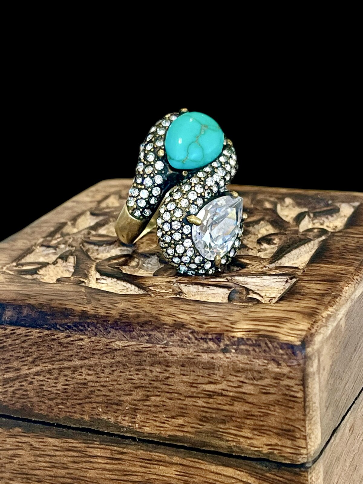 RARE VINTAGE BOHO RING WITH TURQUOISE & CZ SIZE 7.5