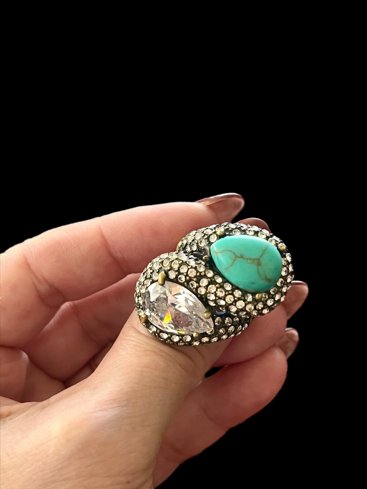 RARE VINTAGE BOHO RING WITH TURQUOISE & CZ SIZE 7.5