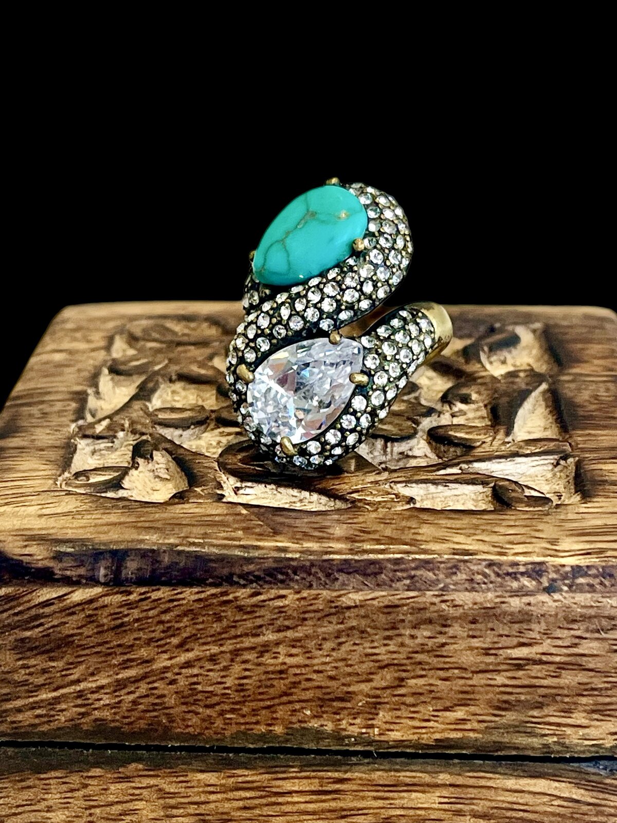 RARE VINTAGE BOHO RING WITH TURQUOISE & CZ SIZE 7.5