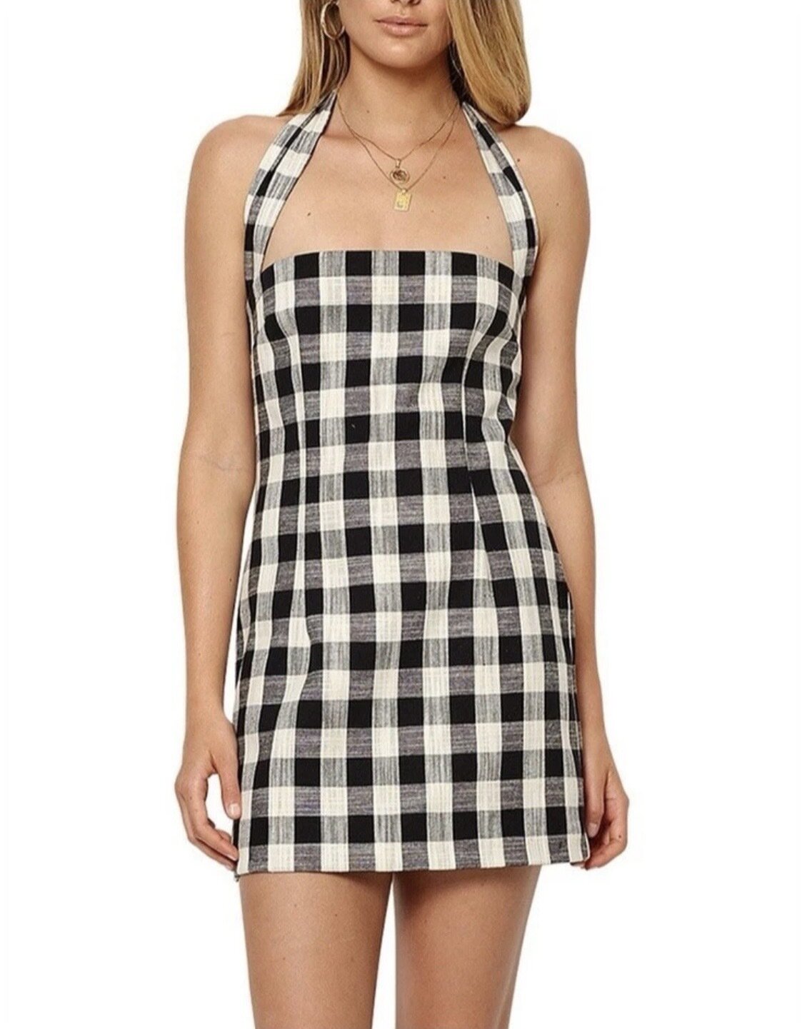  Tartan Gingham Check Cotton Halter Mini Dress RRP$200 10AU