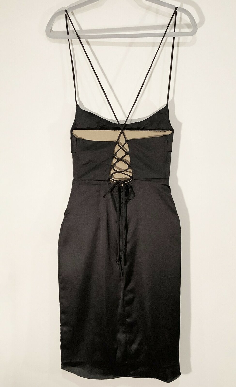 Who I Am. Black Satin Cowl Neck Corset Dress w/ Lace-Up Back & Zip Closure – Size 8 – NWT
