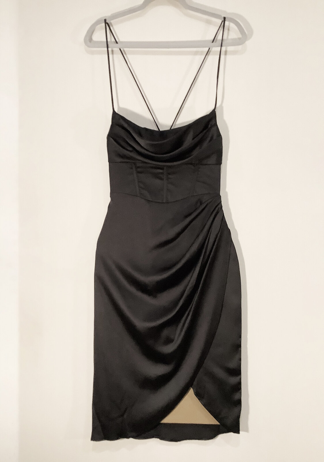 Who I Am. Black Satin Cowl Neck Corset Dress w/ Lace-Up Back & Zip Closure – Size 8 – NWT