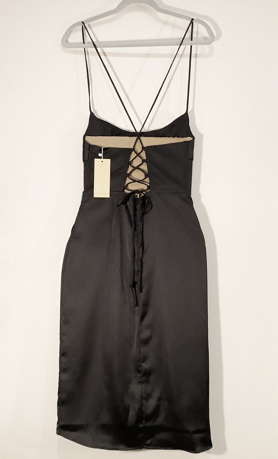 Who I Am. Black Satin Cowl Neck Corset Dress w/ Lace-Up Back & Zip Closure – Size 8 – NWT