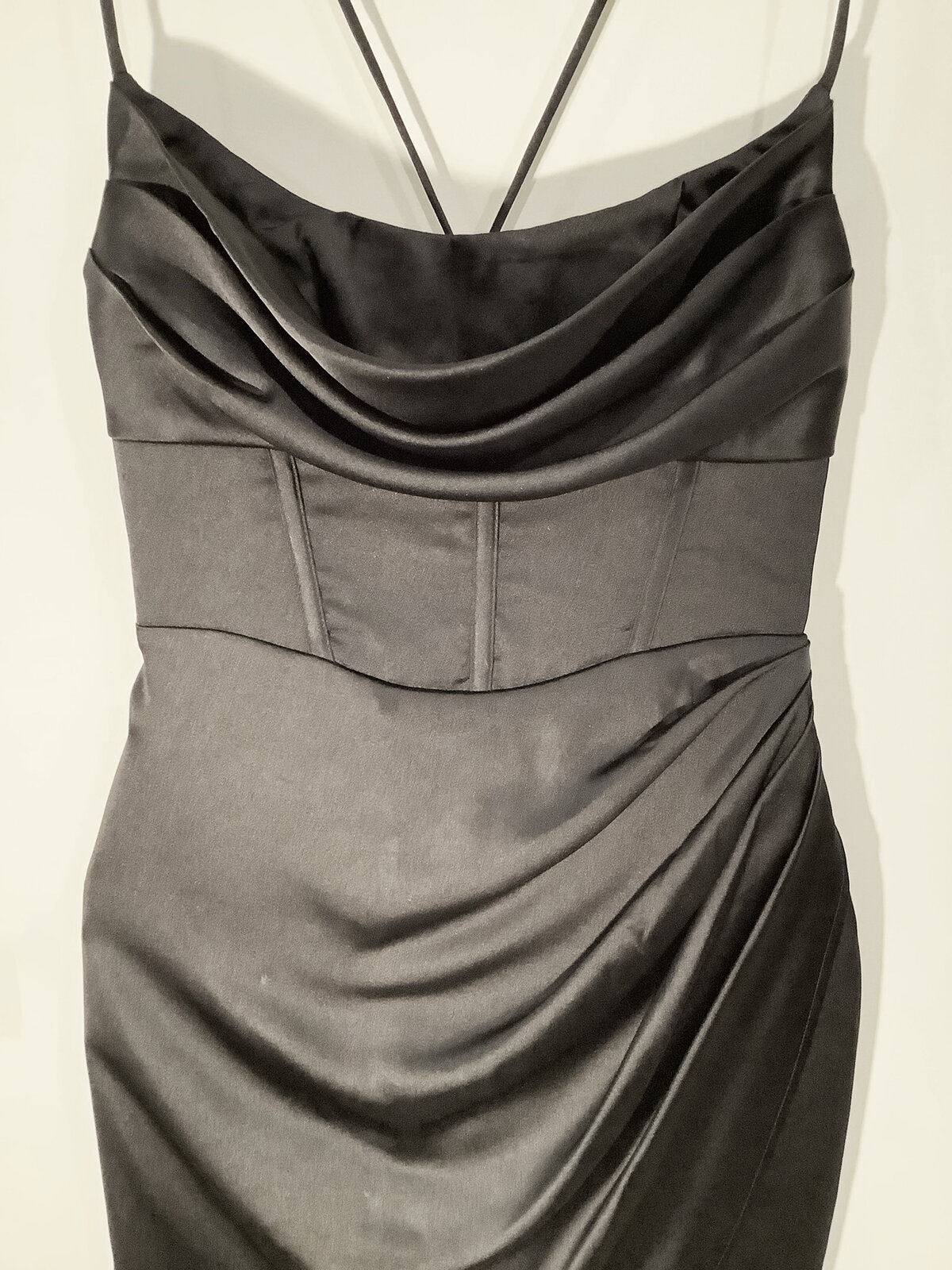 Who I Am. Black Satin Cowl Neck Corset Dress w/ Lace-Up Back & Zip Closure – Size 8 – NWT