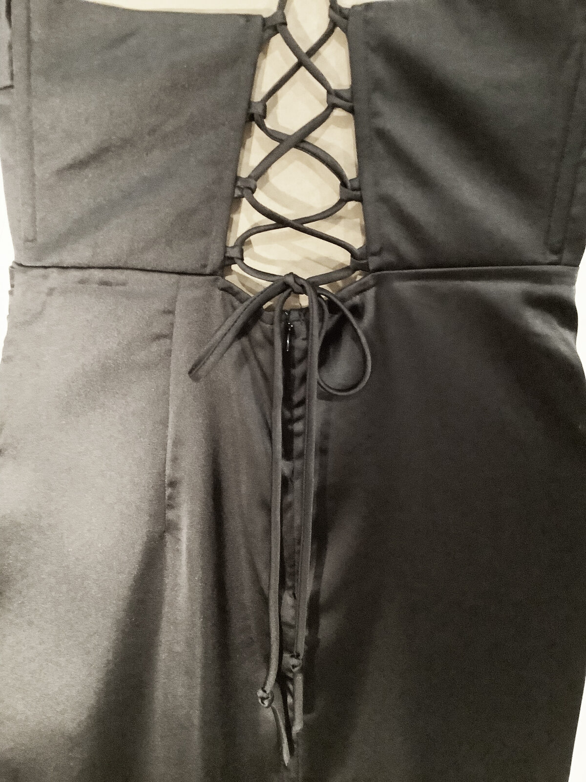Who I Am. Black Satin Cowl Neck Corset Dress w/ Lace-Up Back & Zip Closure – Size 8 – NWT