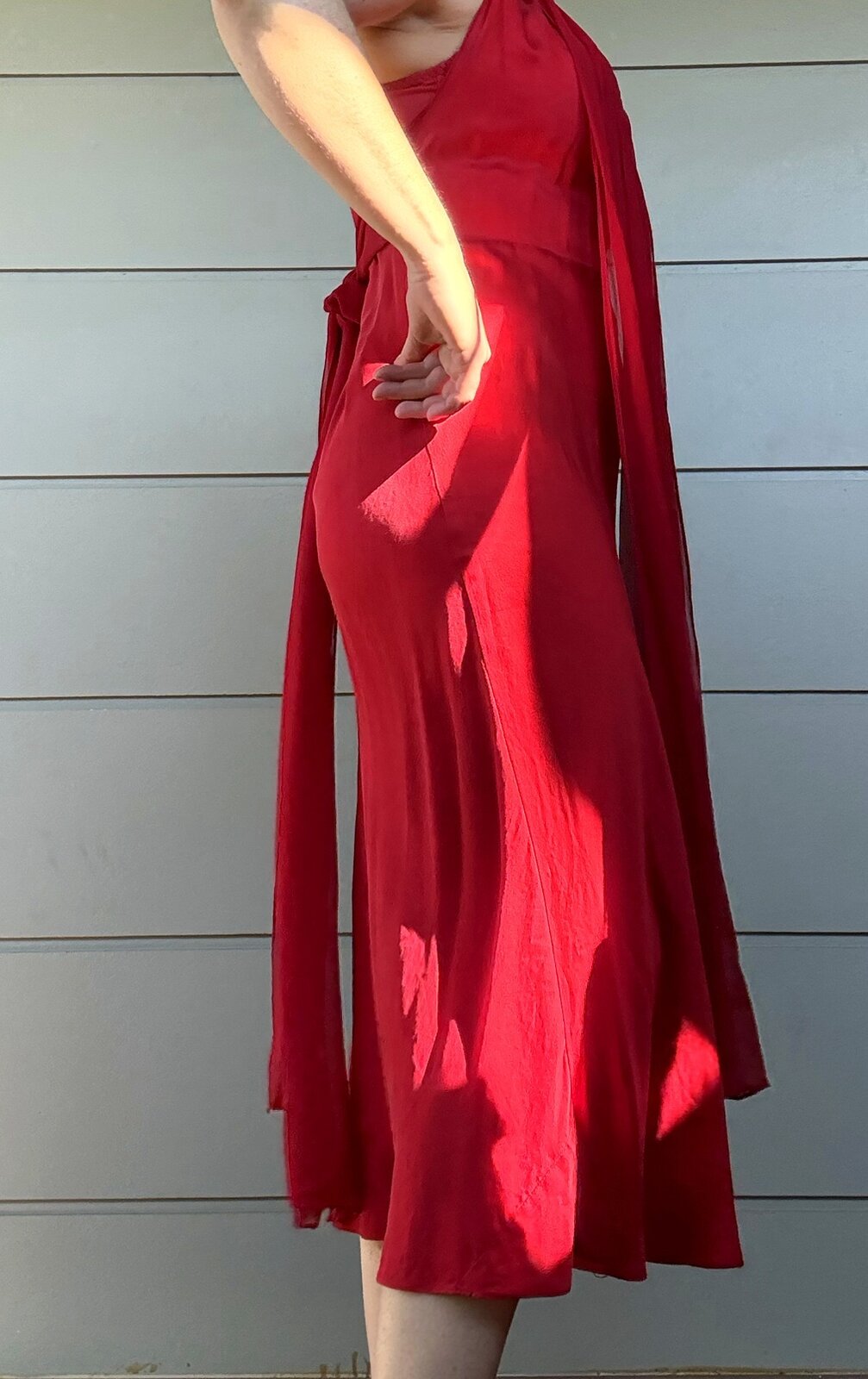 Red silk convertible cocktail midi dress