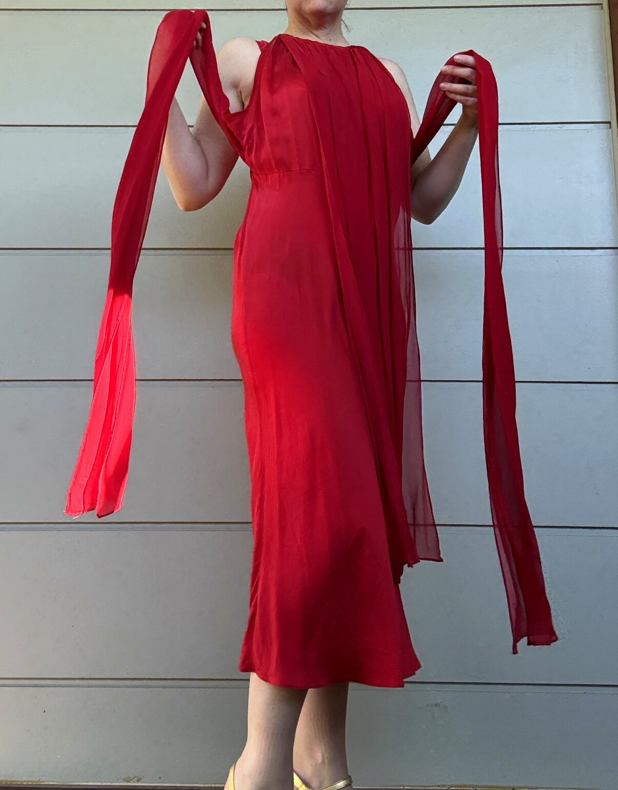 Red silk convertible cocktail midi dress