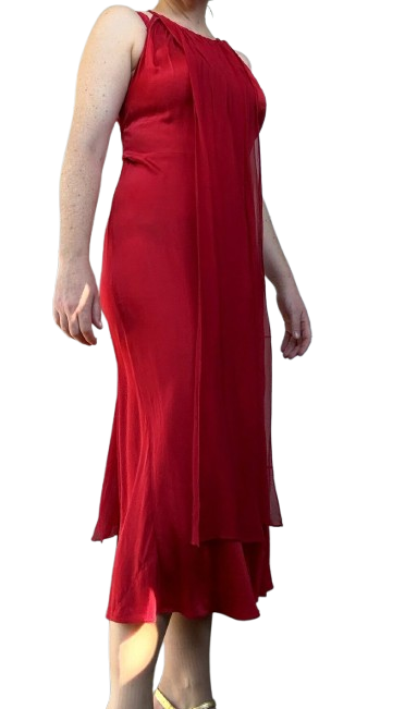 Red silk convertible cocktail midi dress