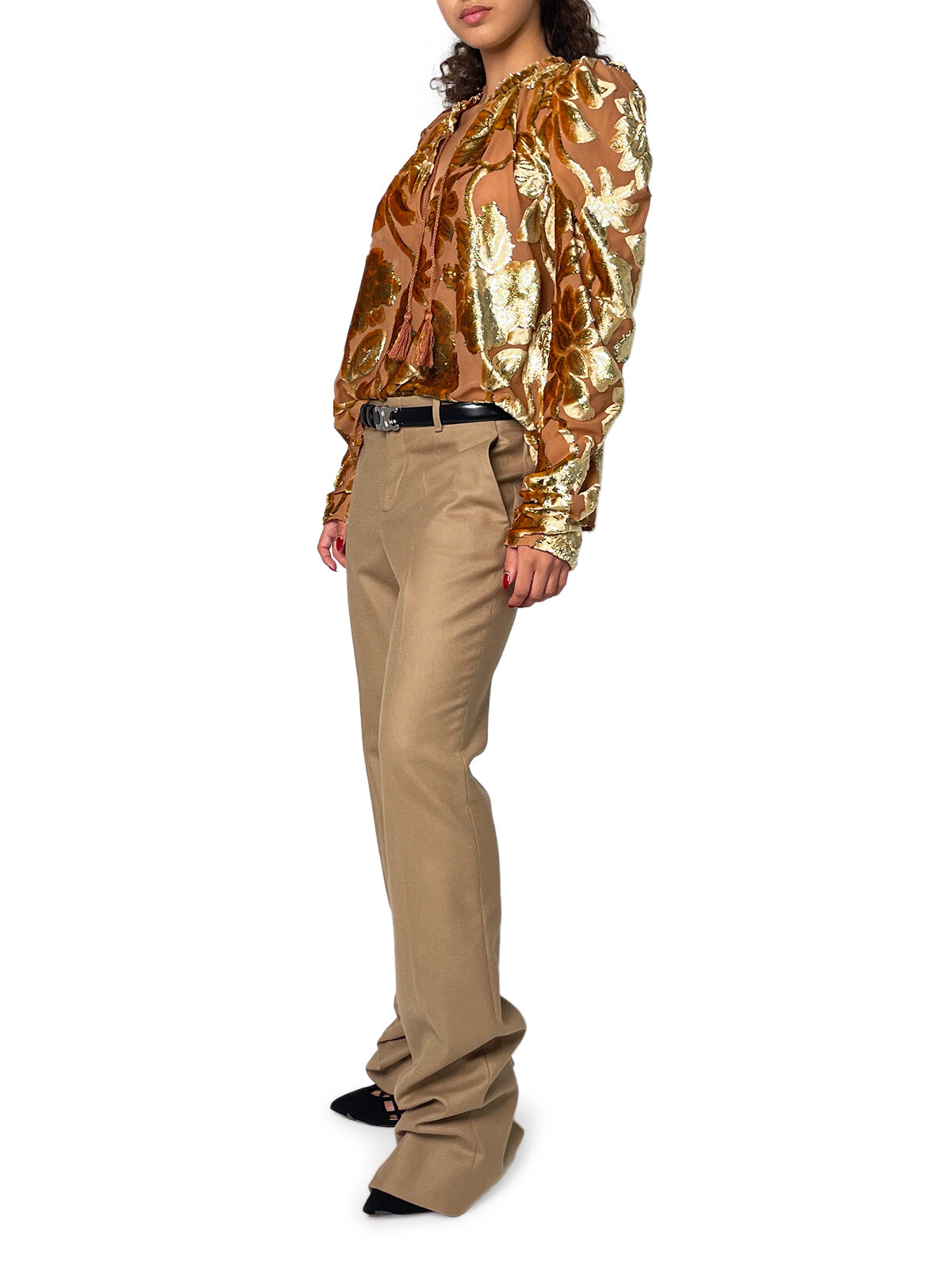 Velvet Gold & Pink Blouse with Tie Neck