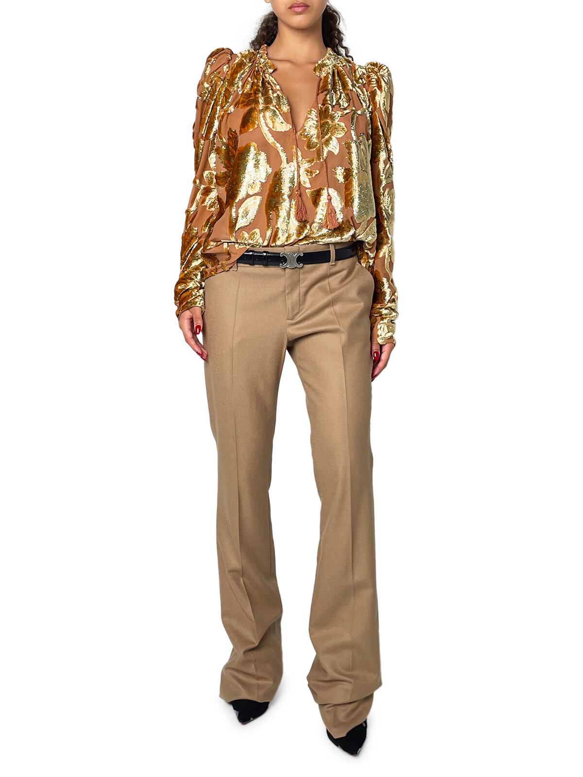 Velvet Gold & Pink Blouse with Tie Neck