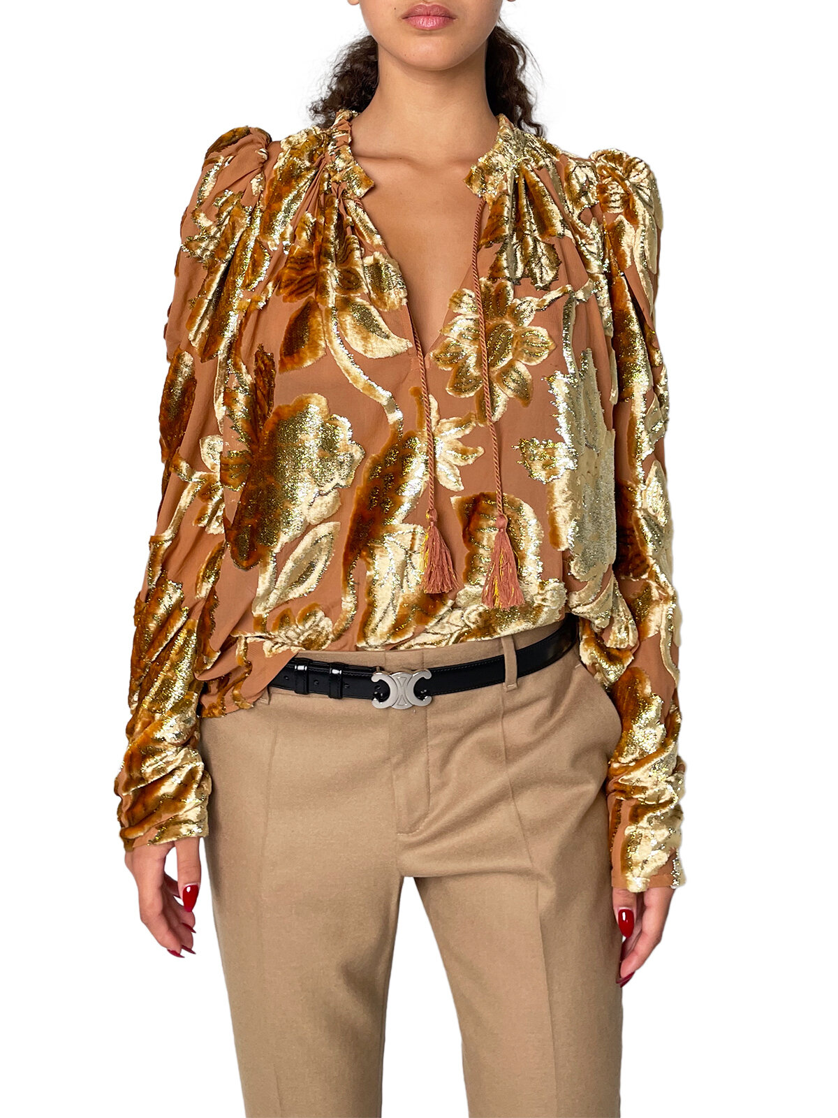 Velvet Gold & Pink Blouse with Tie Neck