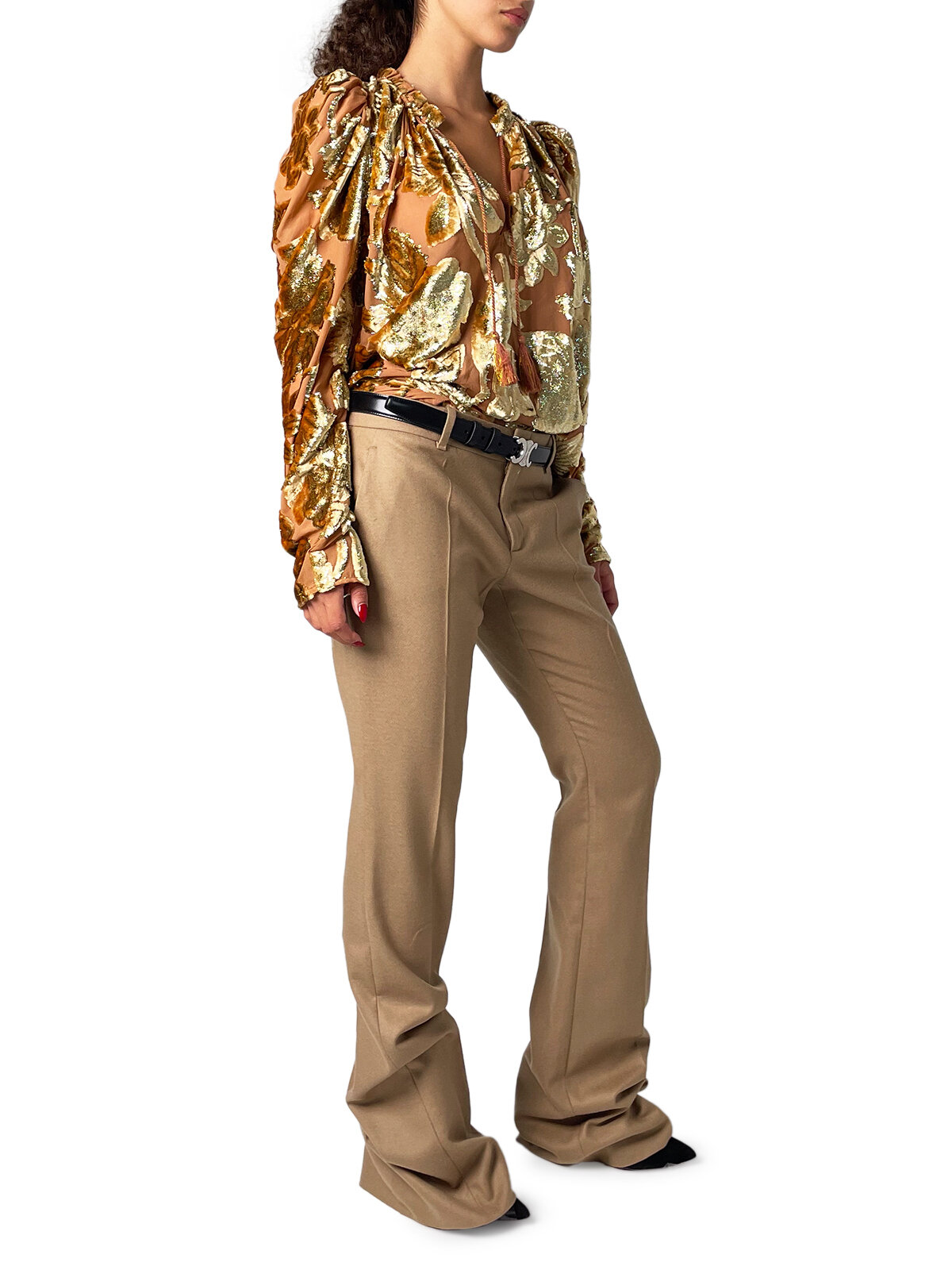 Velvet Gold & Pink Blouse with Tie Neck