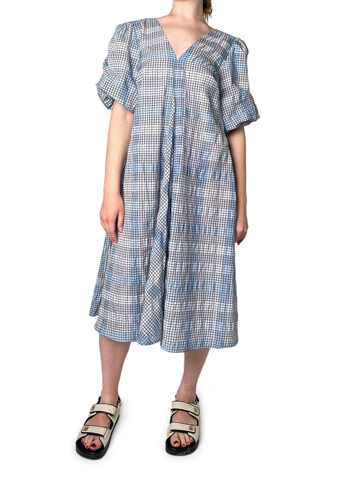 Blue and Black Check and Stripe Neck Dress