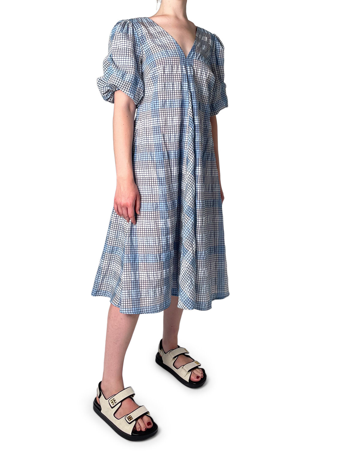 Blue and Black Check and Stripe Neck Dress