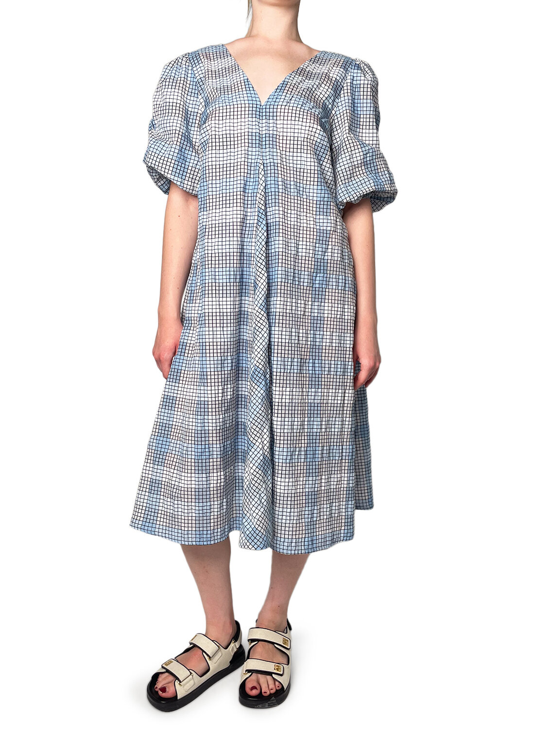 Blue and Black Check and Stripe Neck Dress