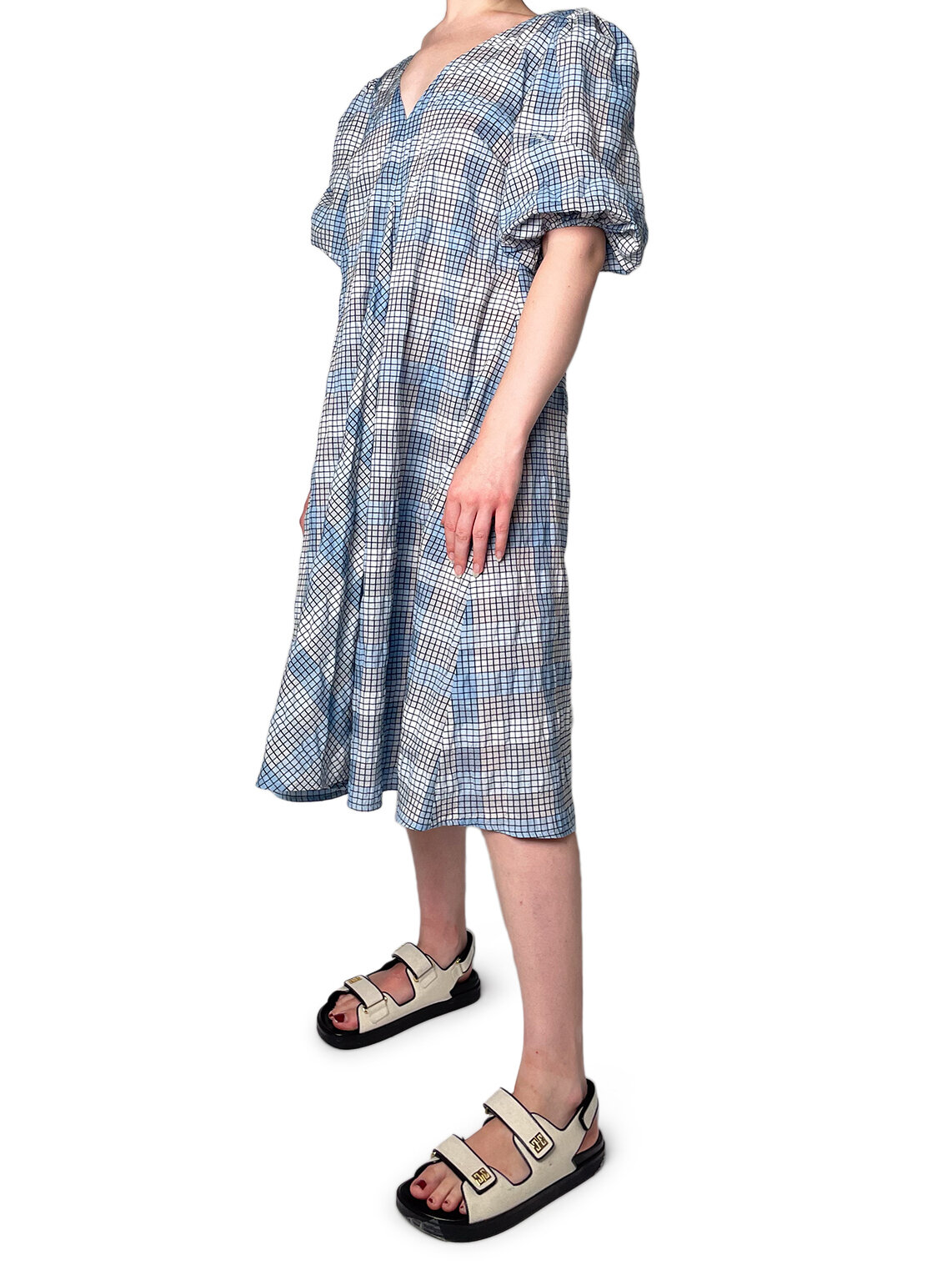 Blue and Black Check and Stripe Neck Dress