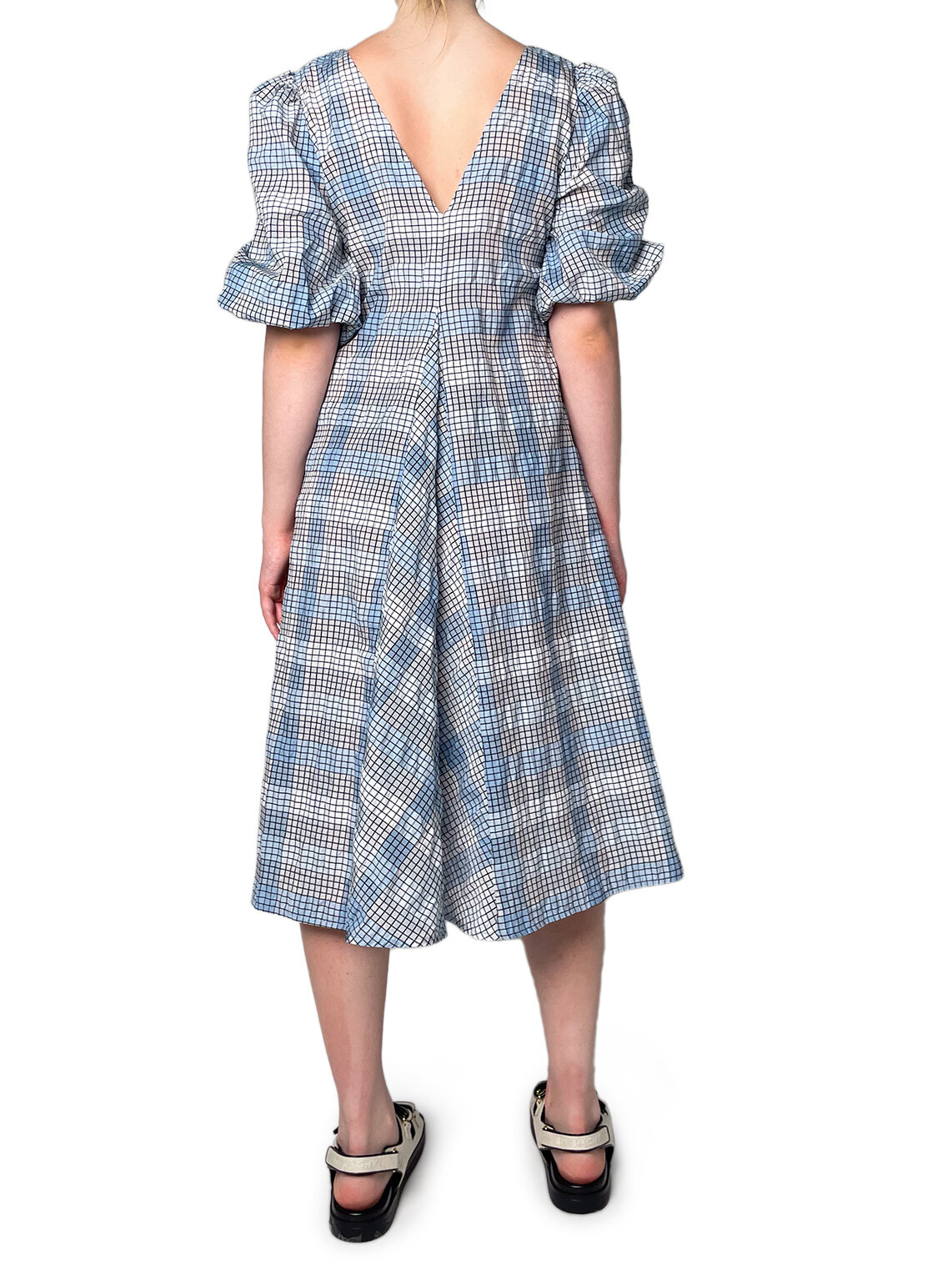 Blue and Black Check and Stripe Neck Dress