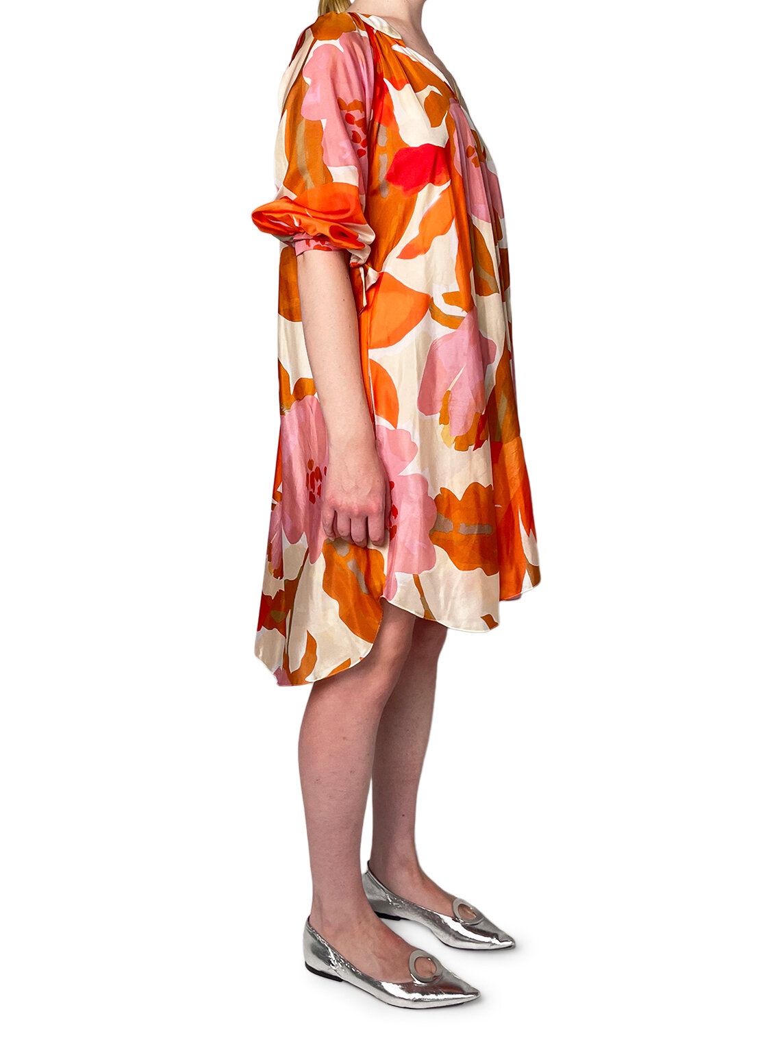 Silk Floral Orange and Pink Long Sleeve Dress