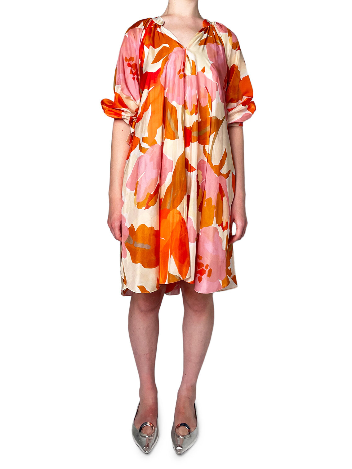 Silk Floral Orange and Pink Long Sleeve Dress