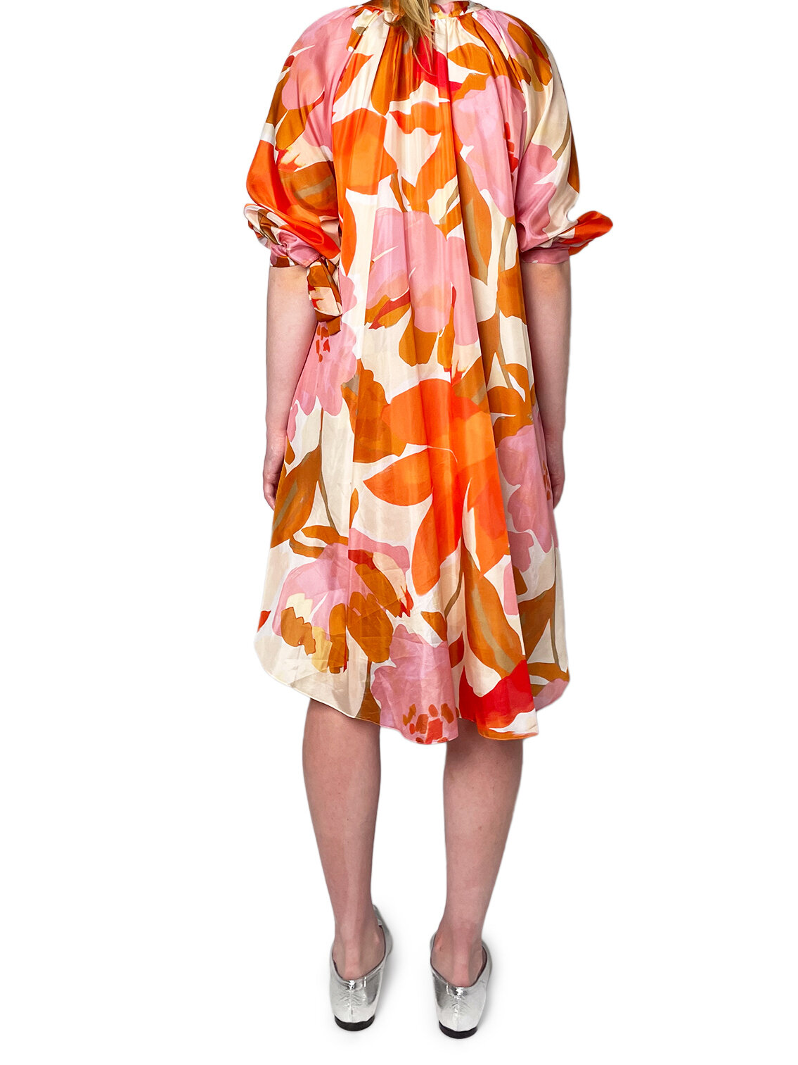 Silk Floral Orange and Pink Long Sleeve Dress