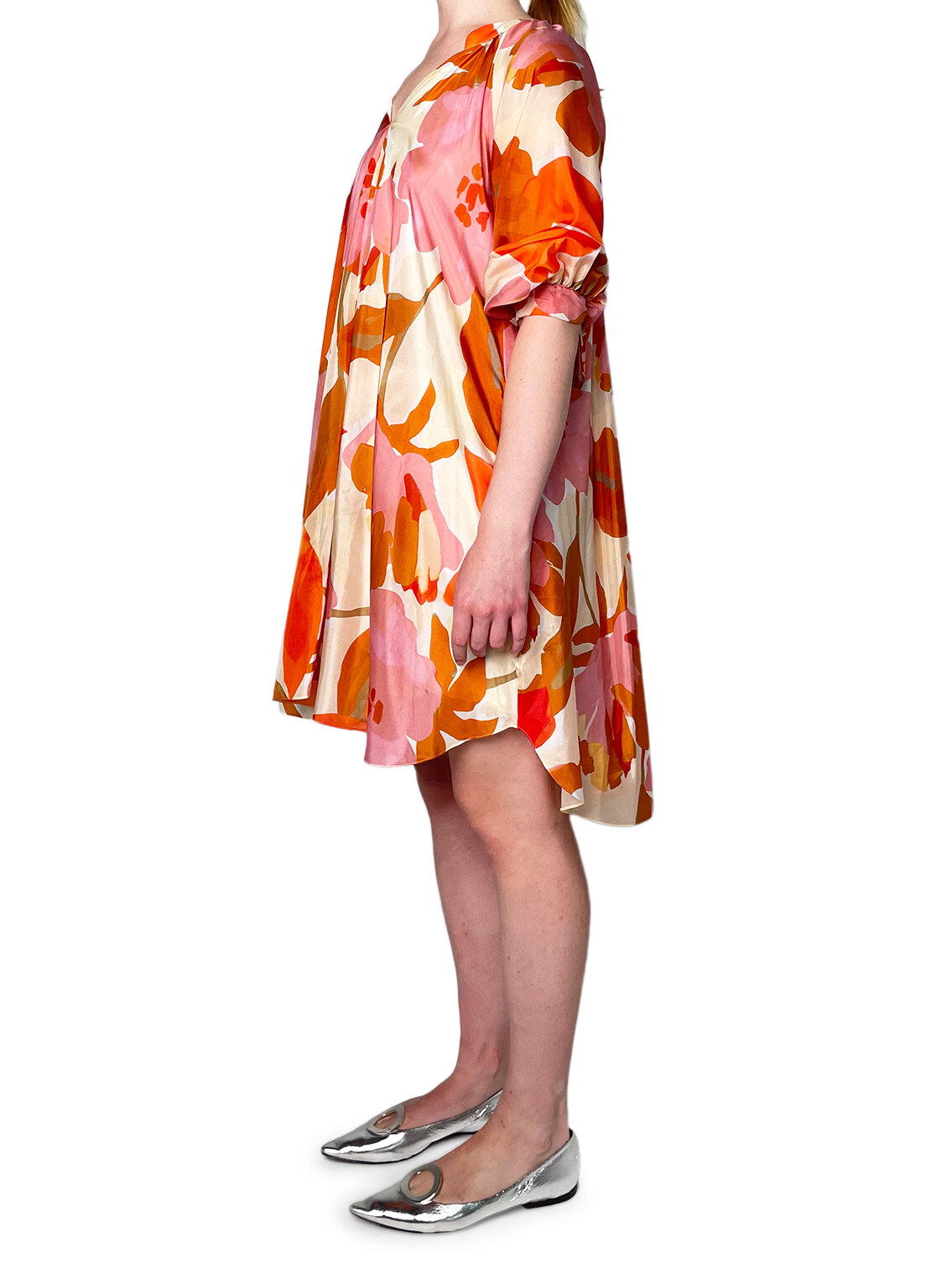 Silk Floral Orange and Pink Long Sleeve Dress