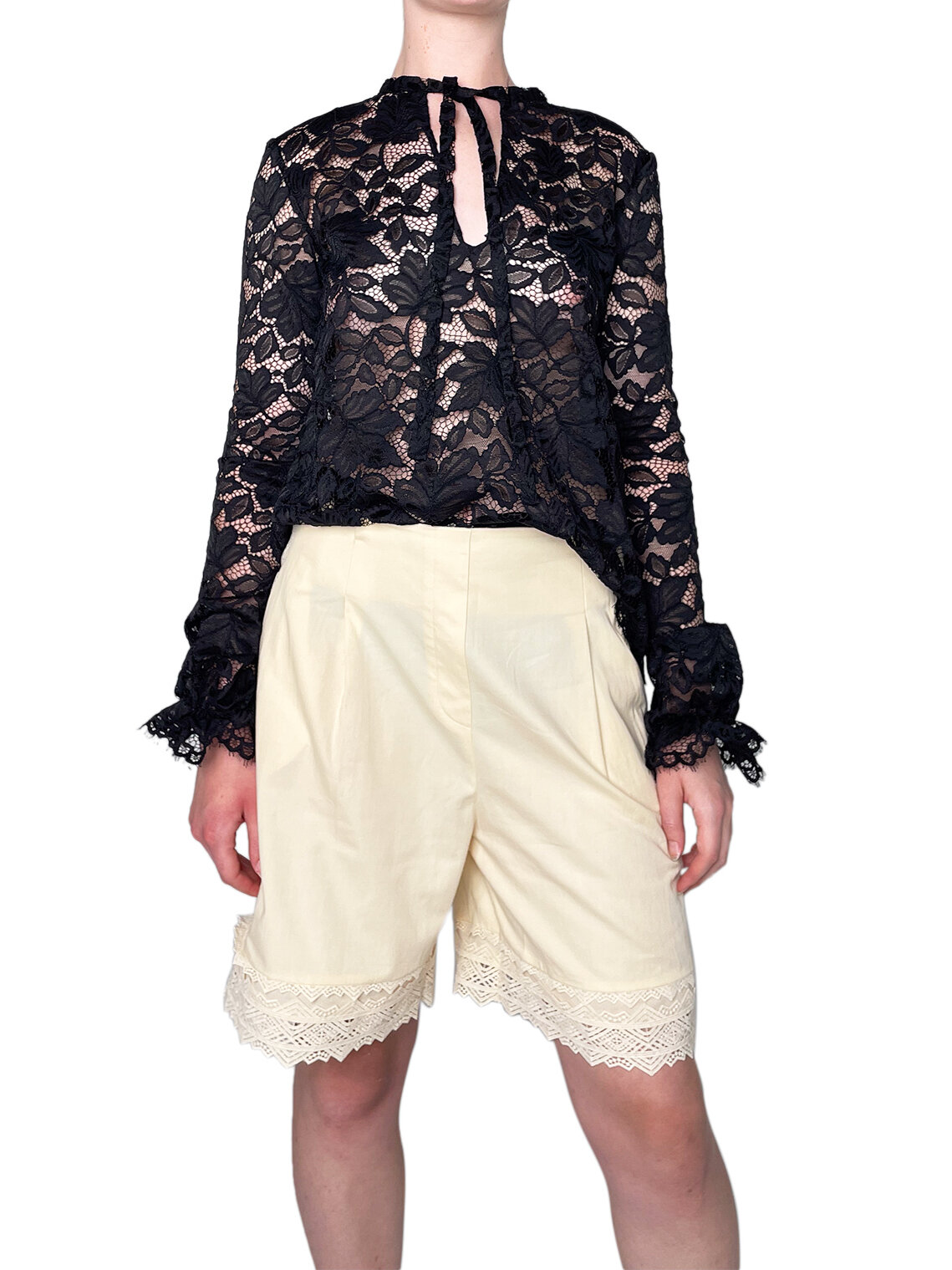Black Lace Long Sleeve with Tie Neck