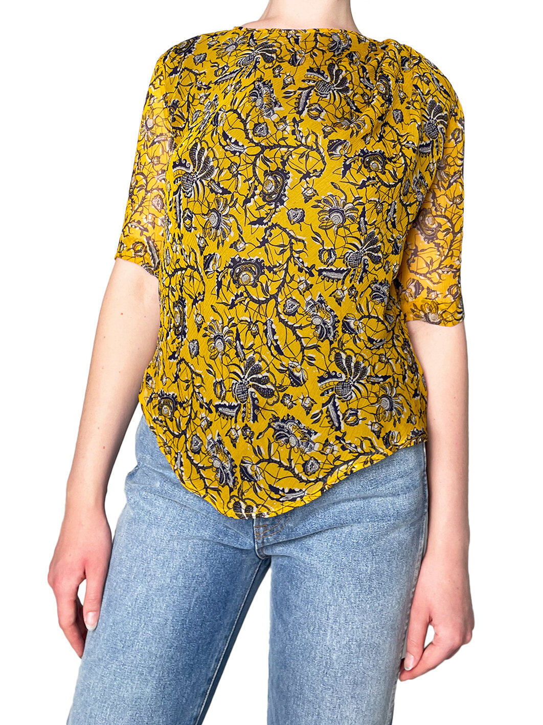 100% Silk 3/4 sleeve yellow and blue floral top