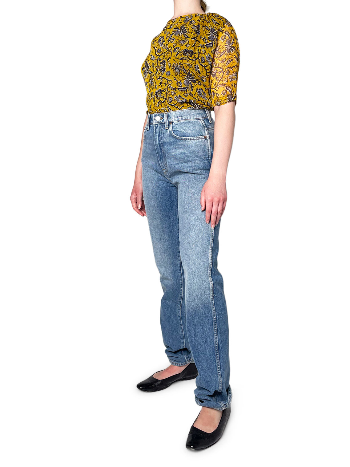 100% Silk 3/4 sleeve yellow and blue floral top