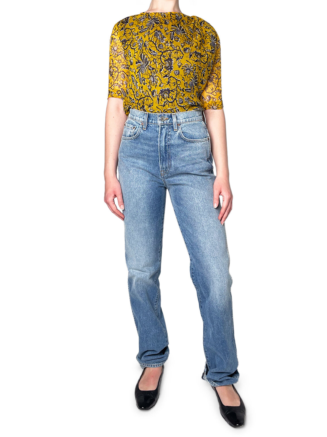 100% Silk 3/4 sleeve yellow and blue floral top