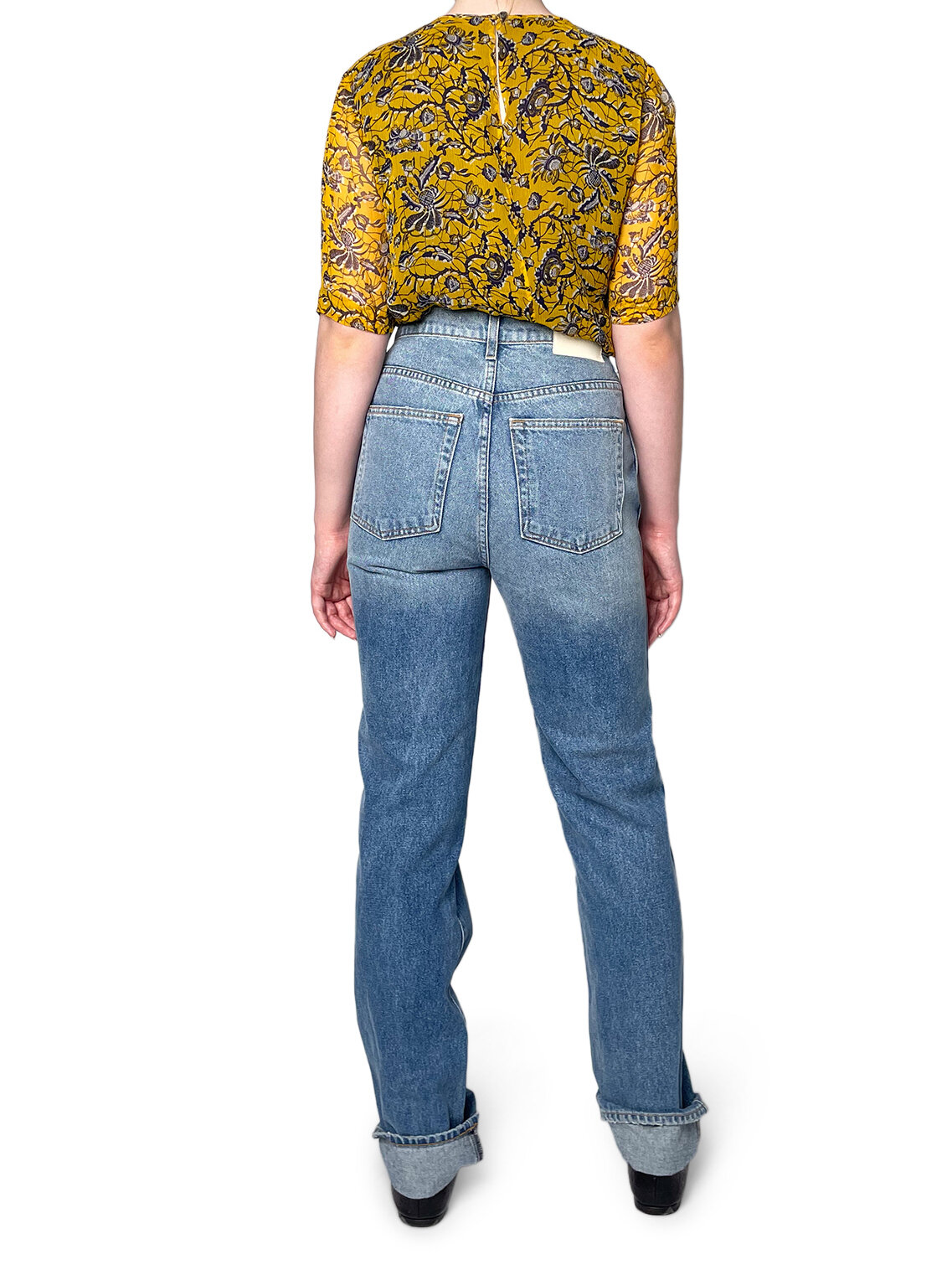 100% Silk 3/4 sleeve yellow and blue floral top