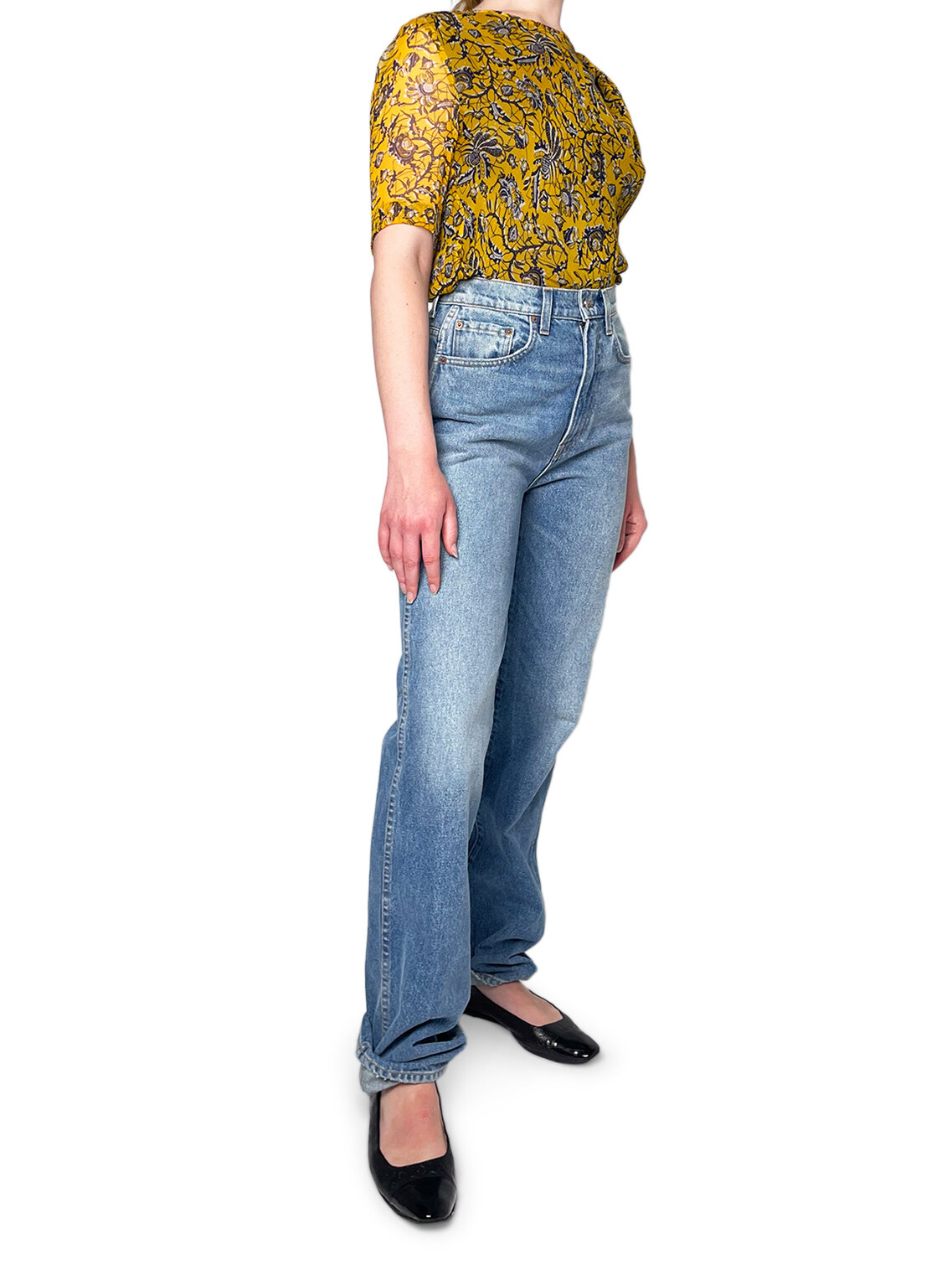 100% Silk 3/4 sleeve yellow and blue floral top