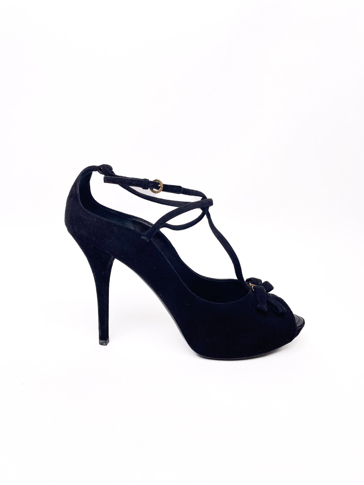 Black Suede High Heel Peep Toe Pumps