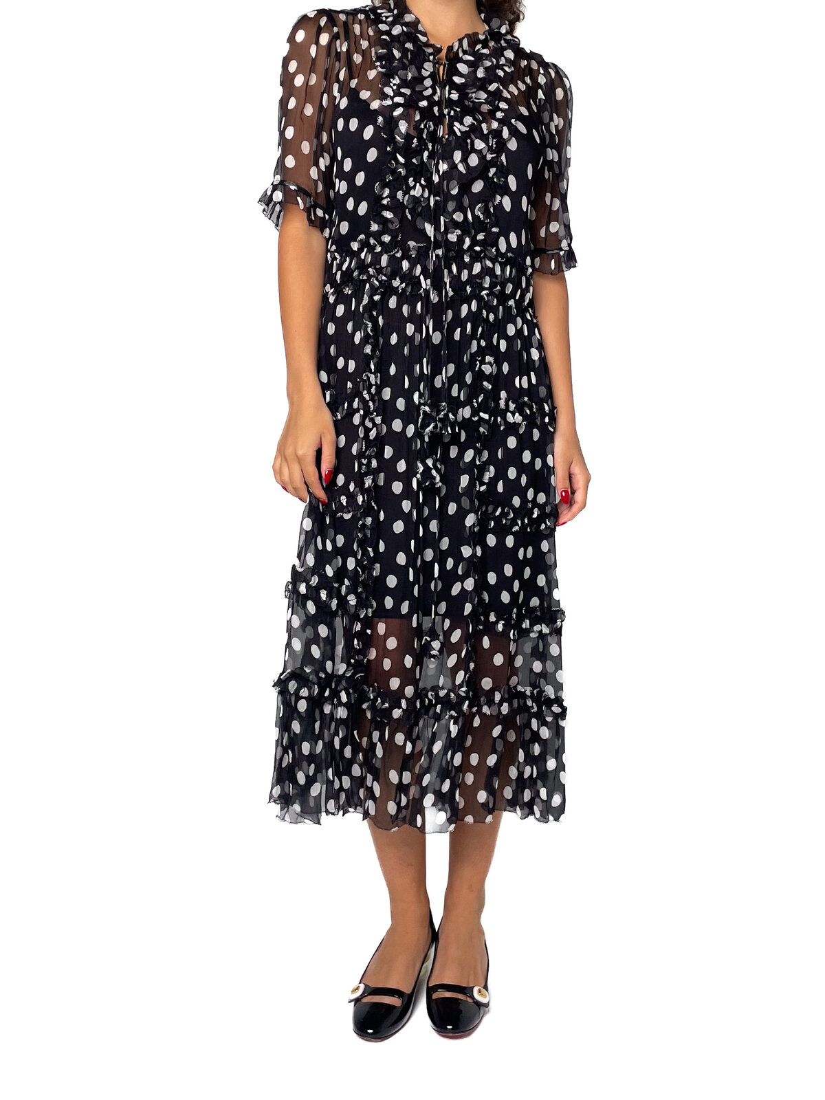 Polkadot silk dress with sleeves and ruffle front