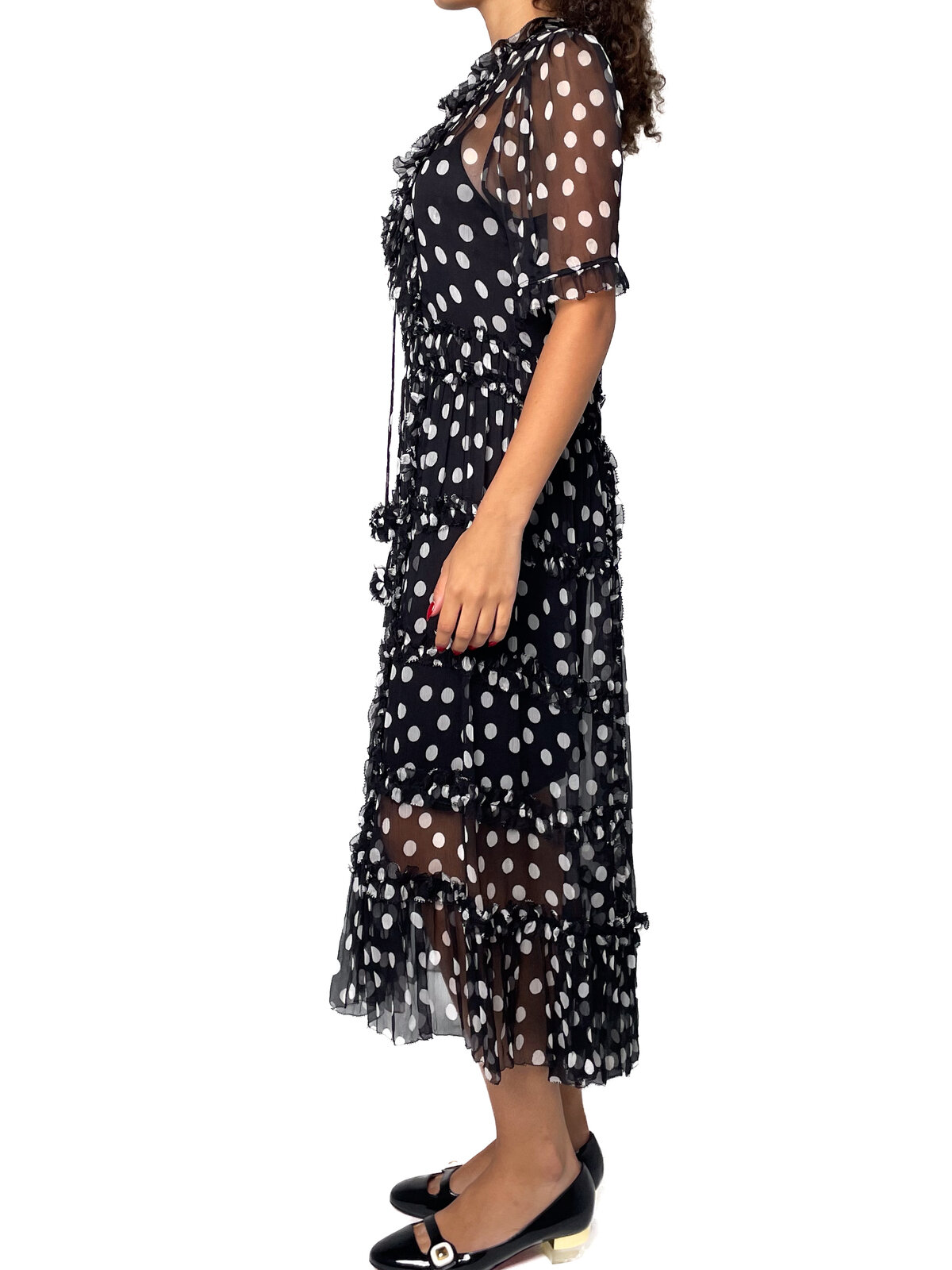 Polkadot silk dress with sleeves and ruffle front