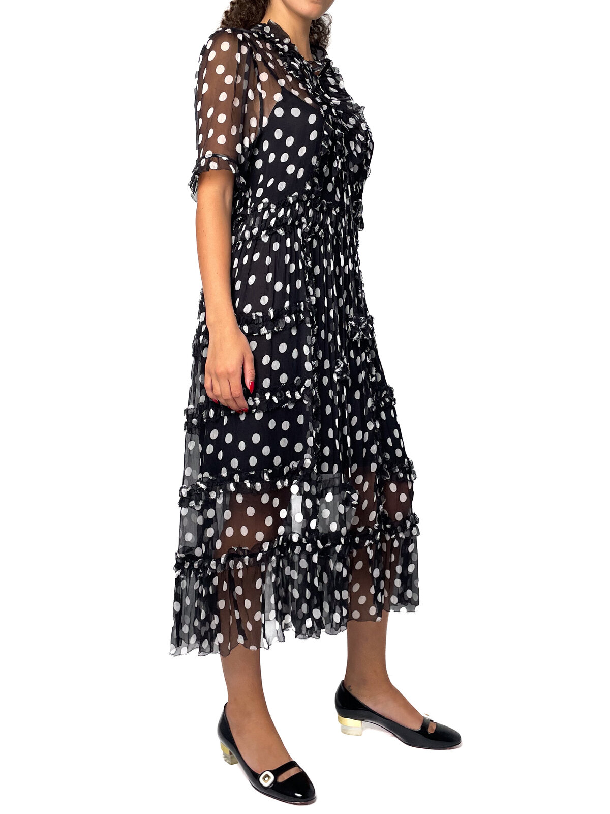 Polkadot silk dress with sleeves and ruffle front