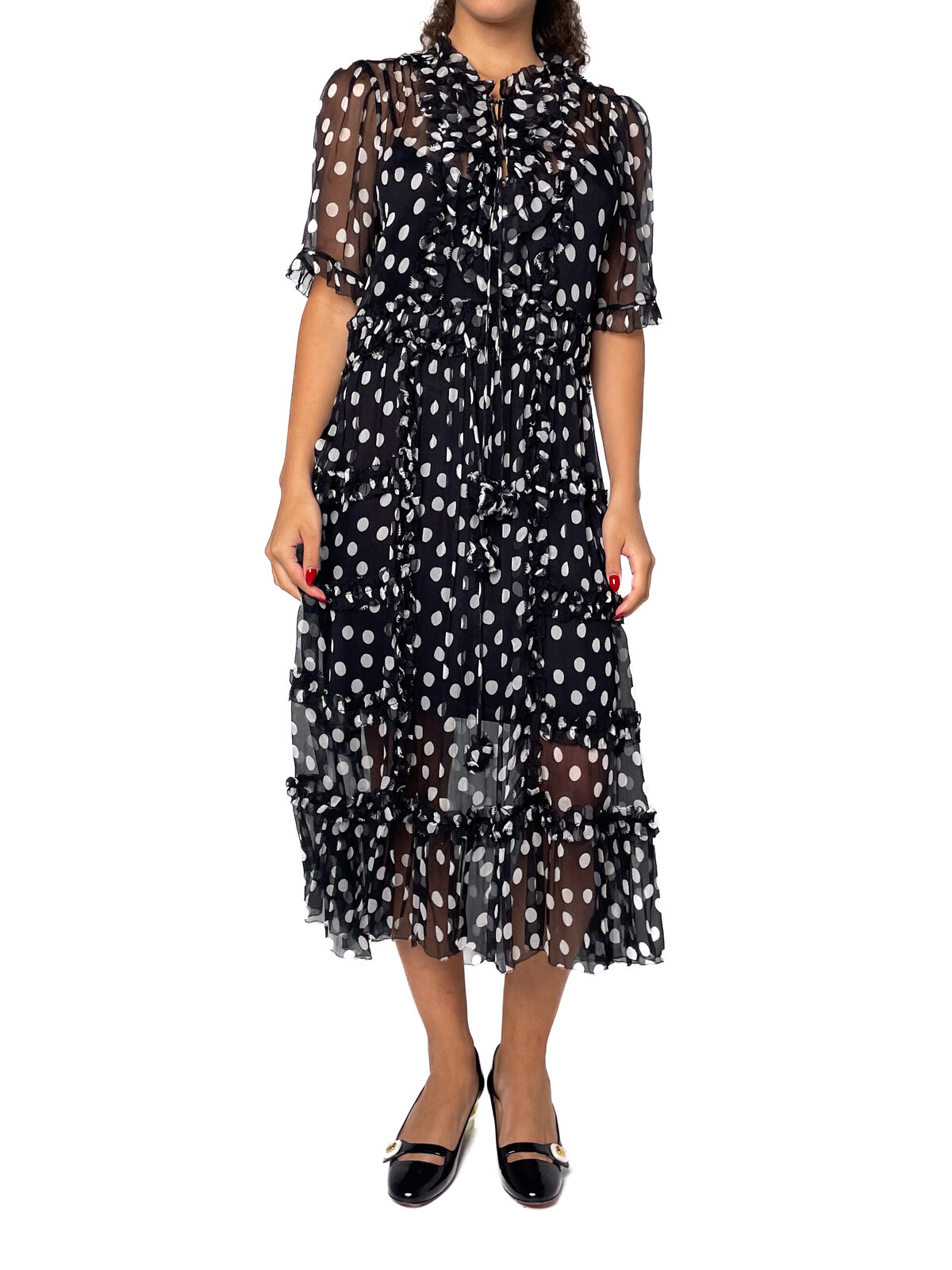 Polkadot silk dress with sleeves and ruffle front