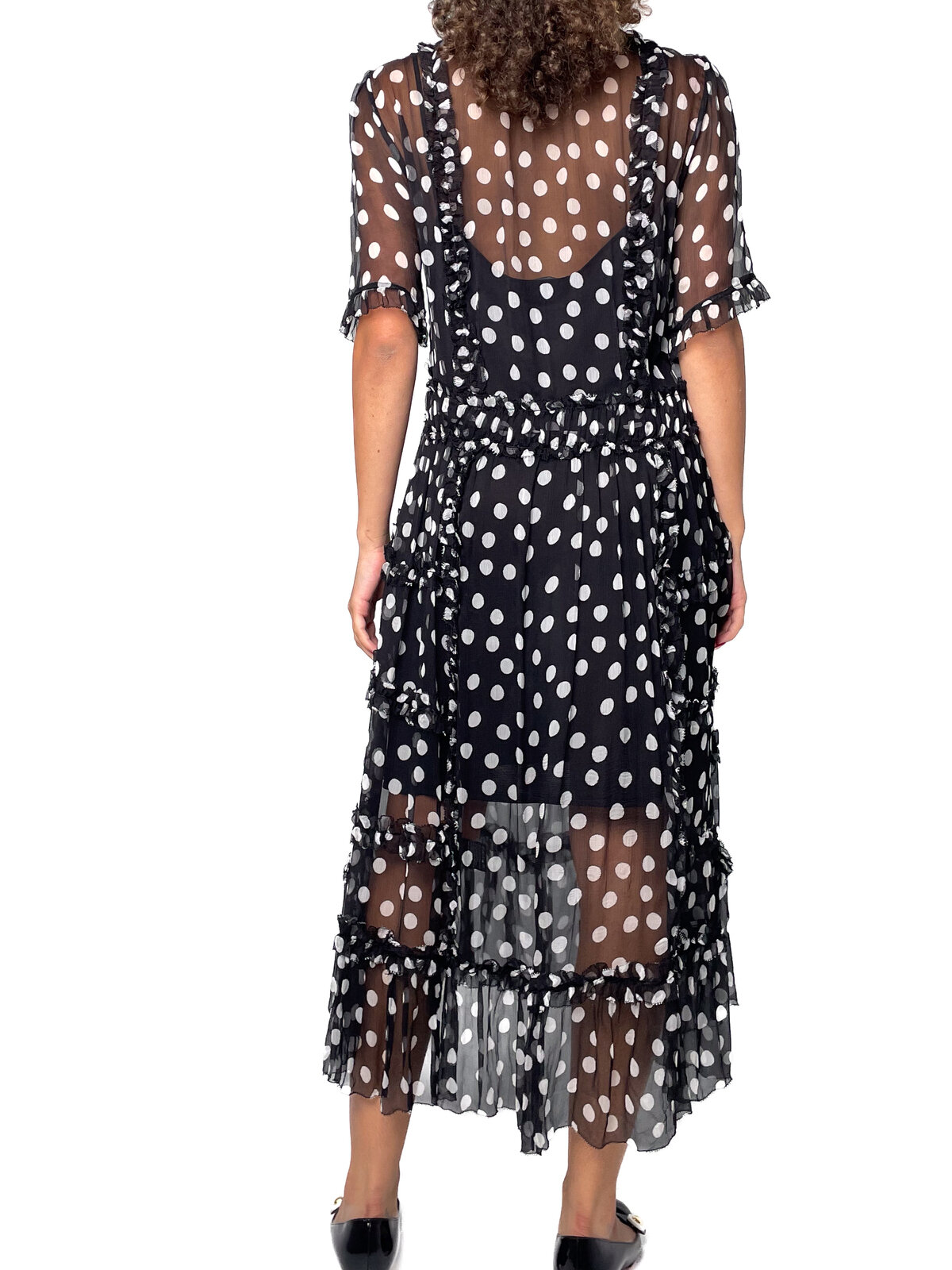 Polkadot silk dress with sleeves and ruffle front