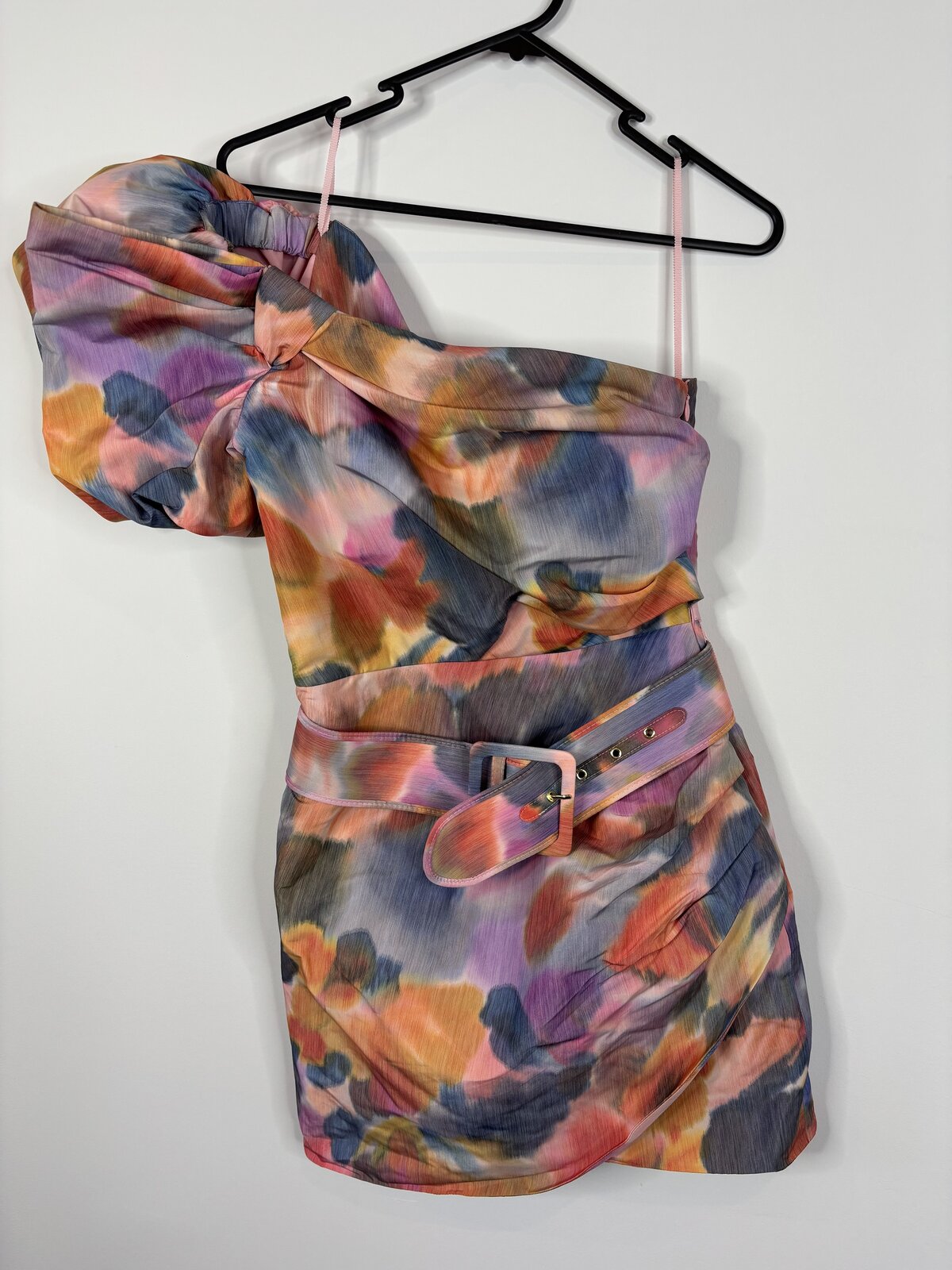 Puff Sleeve One Shoulder Dress - Abstract Floral - AU 6 / US 2