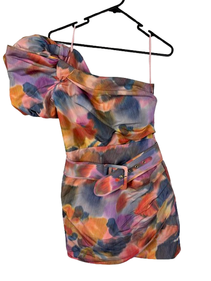 Puff Sleeve One Shoulder Dress - Abstract Floral - AU 6 / US 2