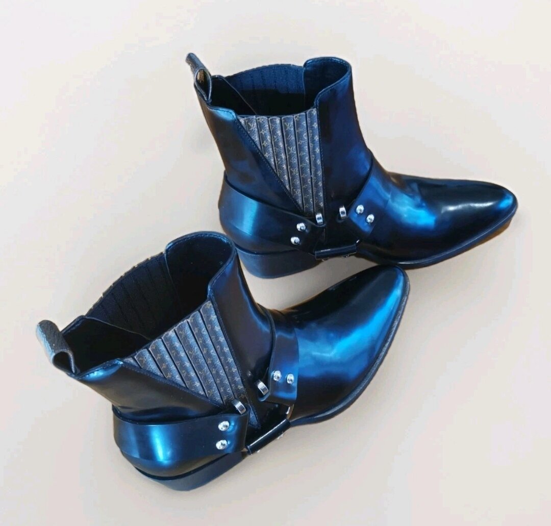 Monogram Harness Leather Ankle Boots Point-Toe Sz 38 Italy Made