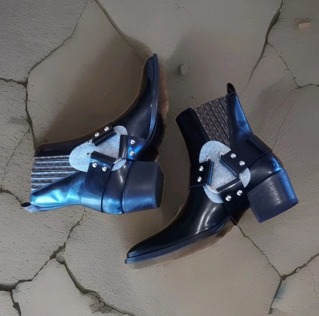 Monogram Harness Leather Ankle Boots Point-Toe Sz 38 Italy Made