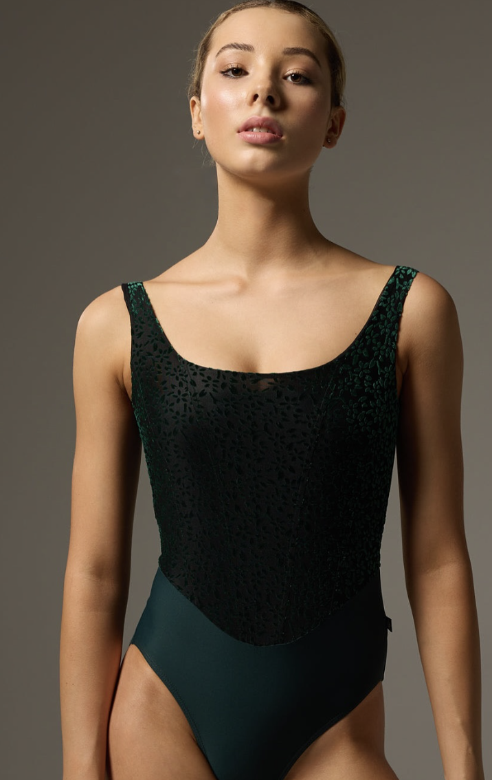 SOFIA LEOTARD NOIR BLOOM- EMERALD VELVET FLOCK