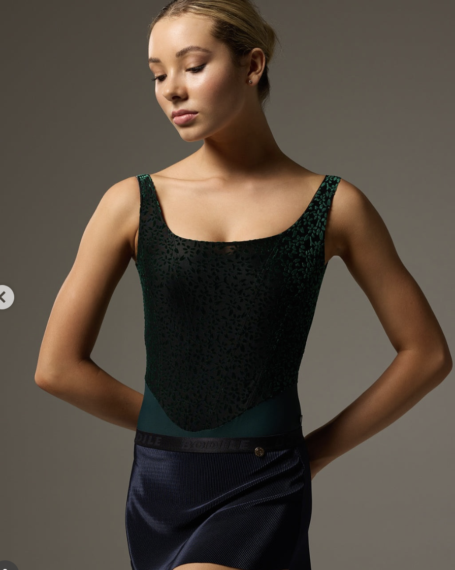 SOFIA LEOTARD NOIR BLOOM- EMERALD VELVET FLOCK