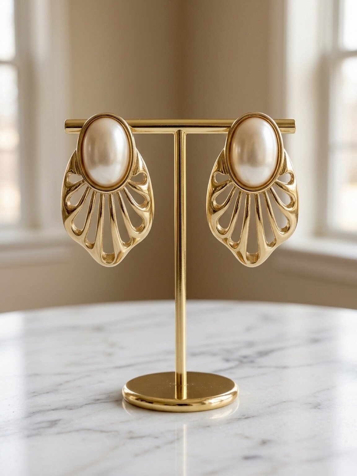 VINTAGE TRIFARI TRIPLE GOLD PLATED WITH FAUX PEARL STUD EARRINGS