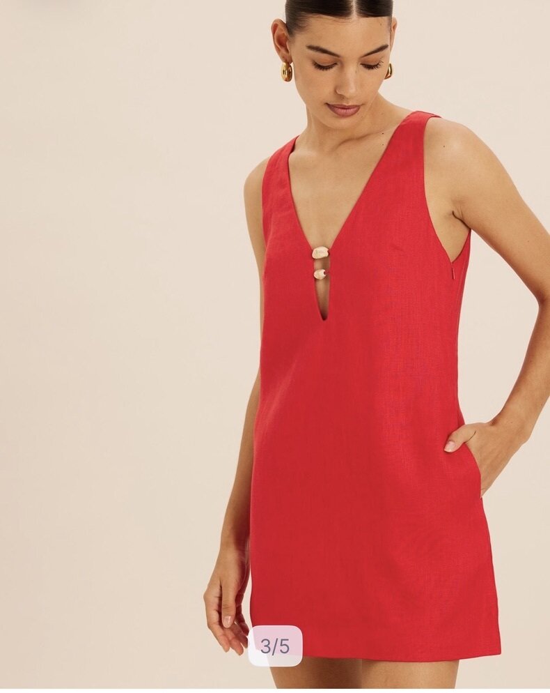 Fiora Linen Resin Trim Shift Dress – Red