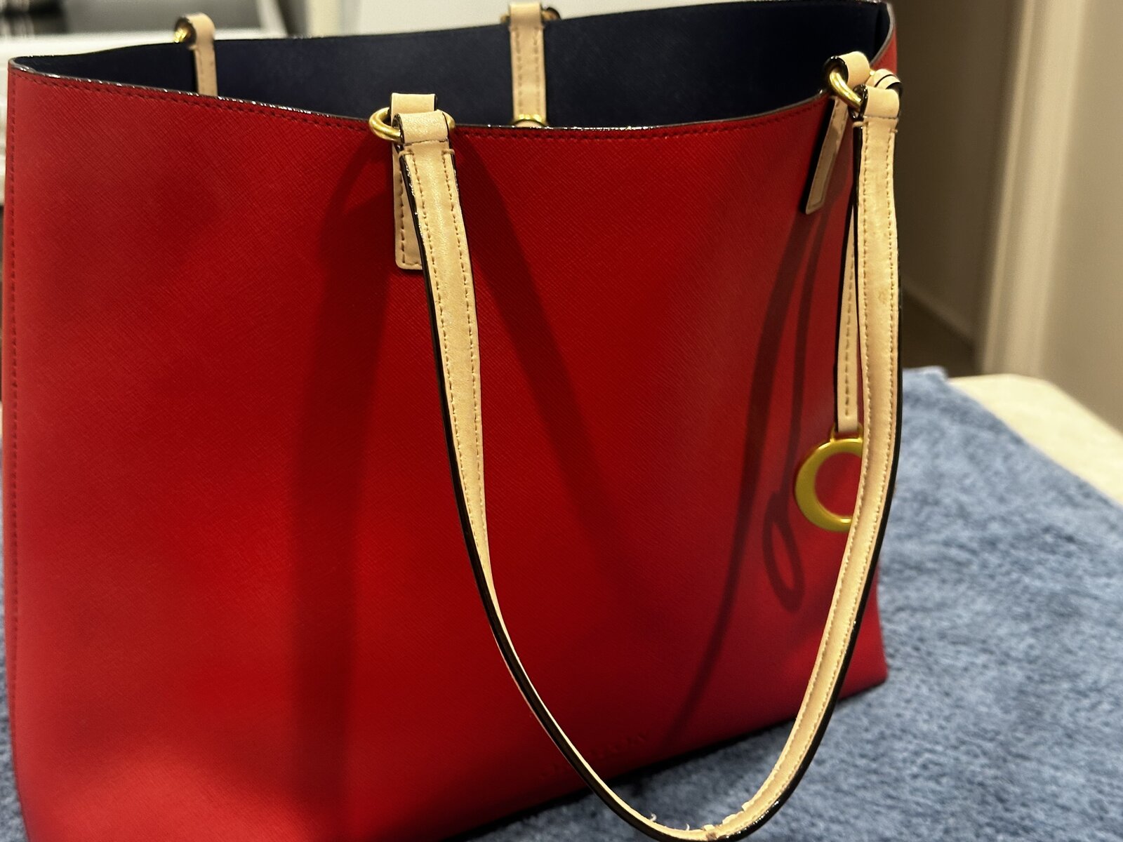 leather red and royal /navy blue tote 