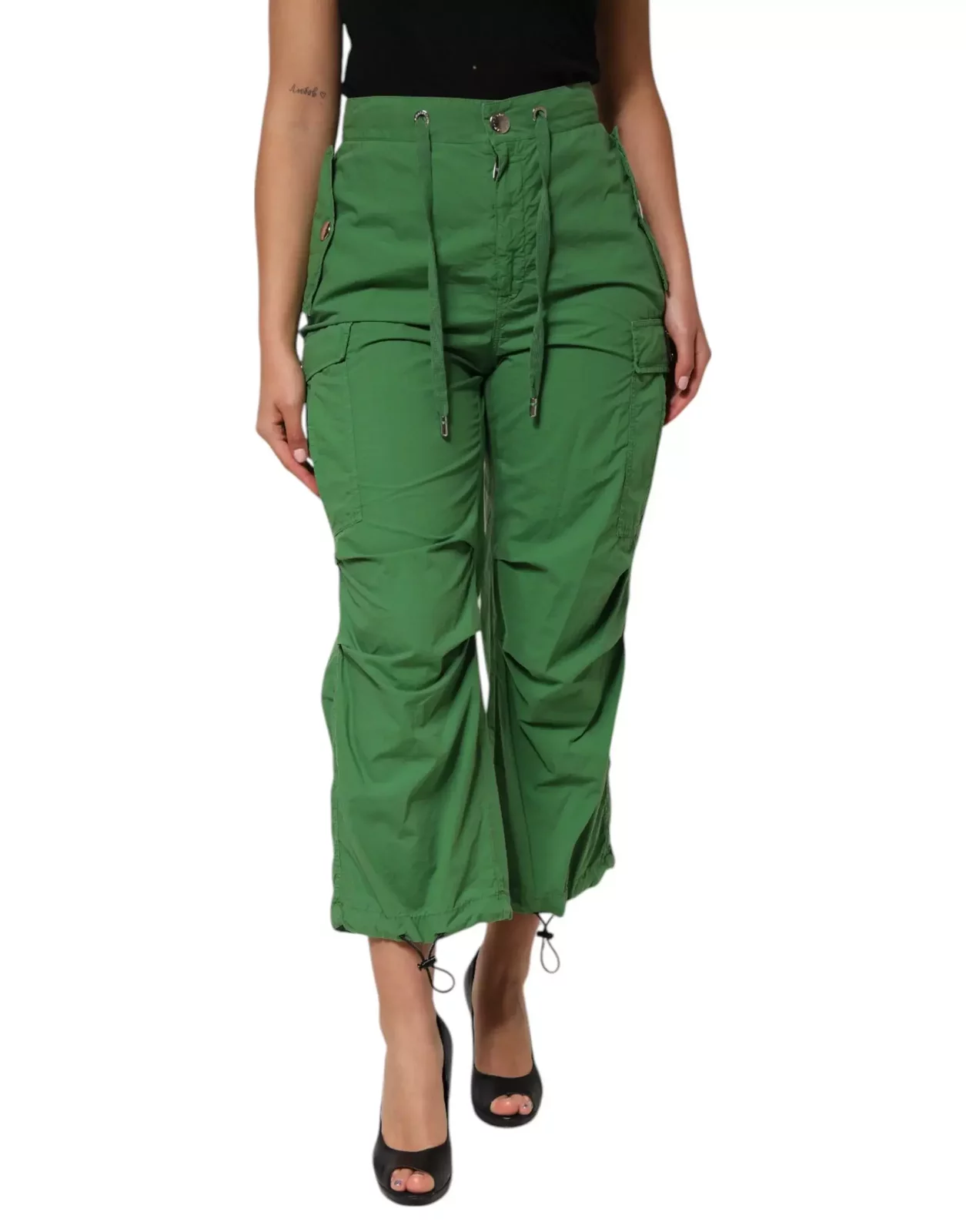 High Waist Cotton Cargo Pants - Green / IT38 | XS